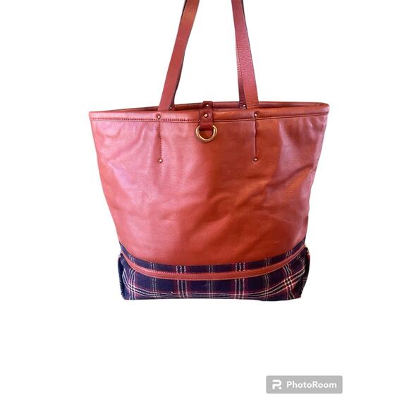 Brooks Brothers 2pc Tote & Wristlet Tan Leather Plaid Tartan Double Shoulder Bag - Picture 4 of 15